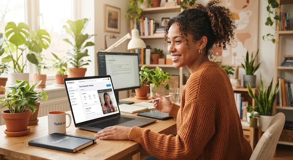 Học viên đang học trực tuyến cùng gia sư qua laptop trong không gian sáng
